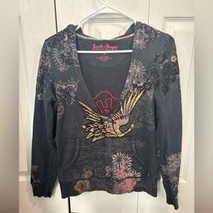 RARE Lucky Brand Black Graphic Chinese Deep V-Neck Hoodie Size Small